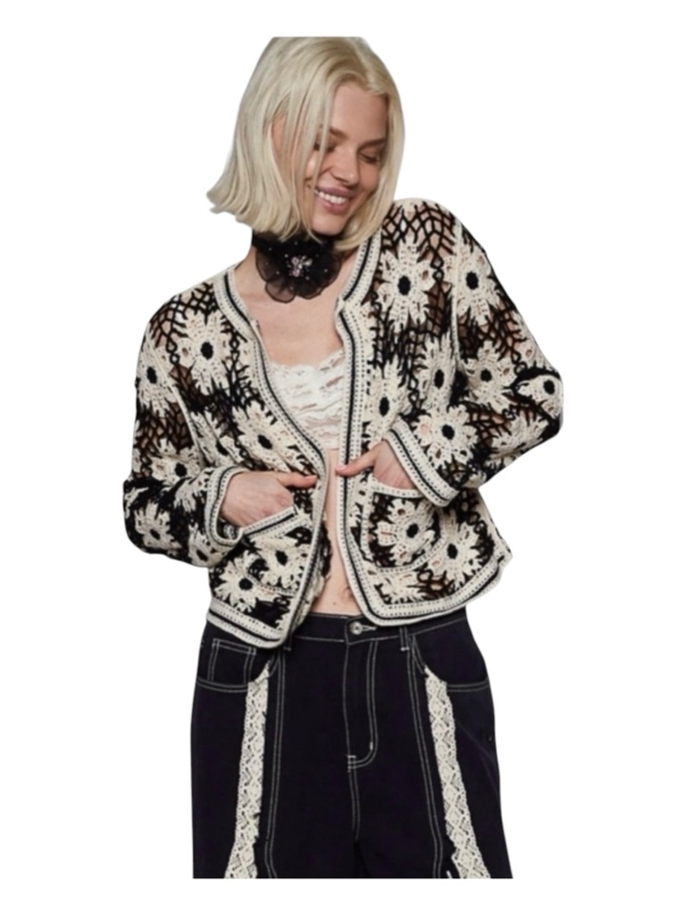 POL Black & Creme Crochet Cardigan, Size OS.